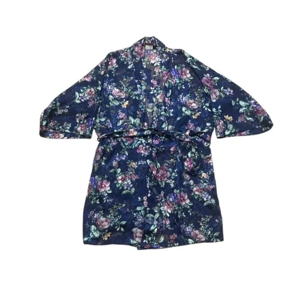 80s Vintage California Dynasty Blue Floral Shimmery Robe Large